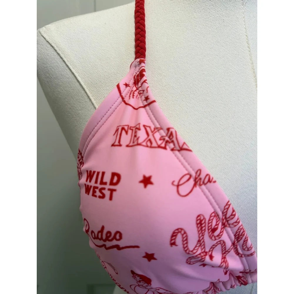 NWT Wild Fable Pink Red Cowgirl Print Triangle Bikini Top M Braided Rope Trim - Picture 3 of 7